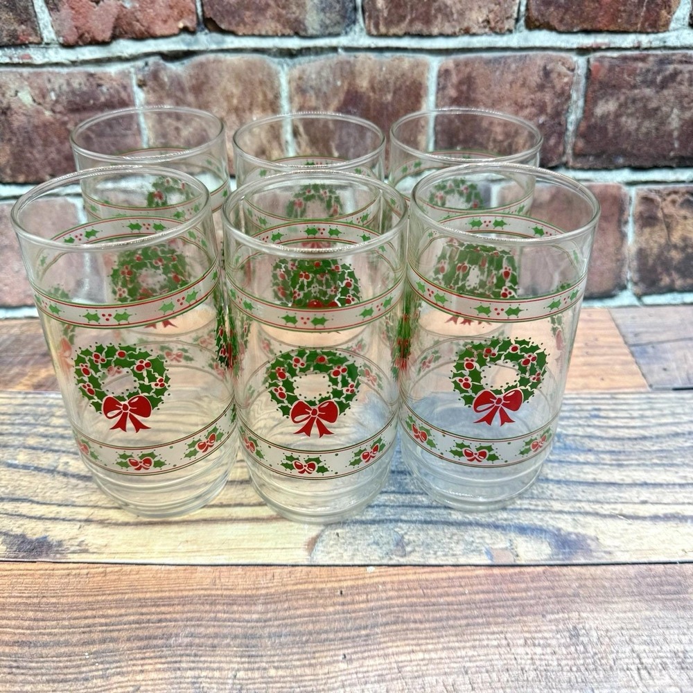 6 Indiana Glass Victorian Christmas Tumblers Glasses Holly Wreaths Set MCM Vtg